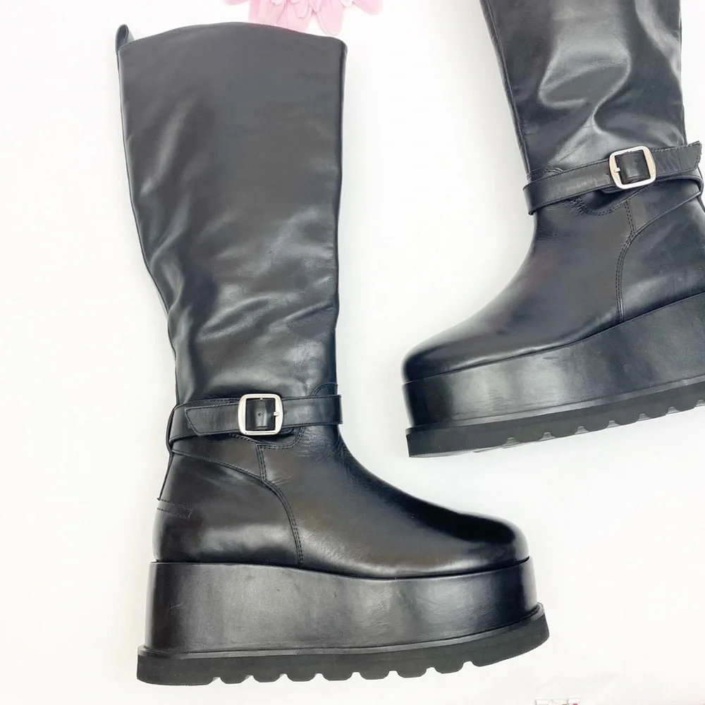 Free People Collection Not For Riding Platform Boots Tall Leather Buckle Black